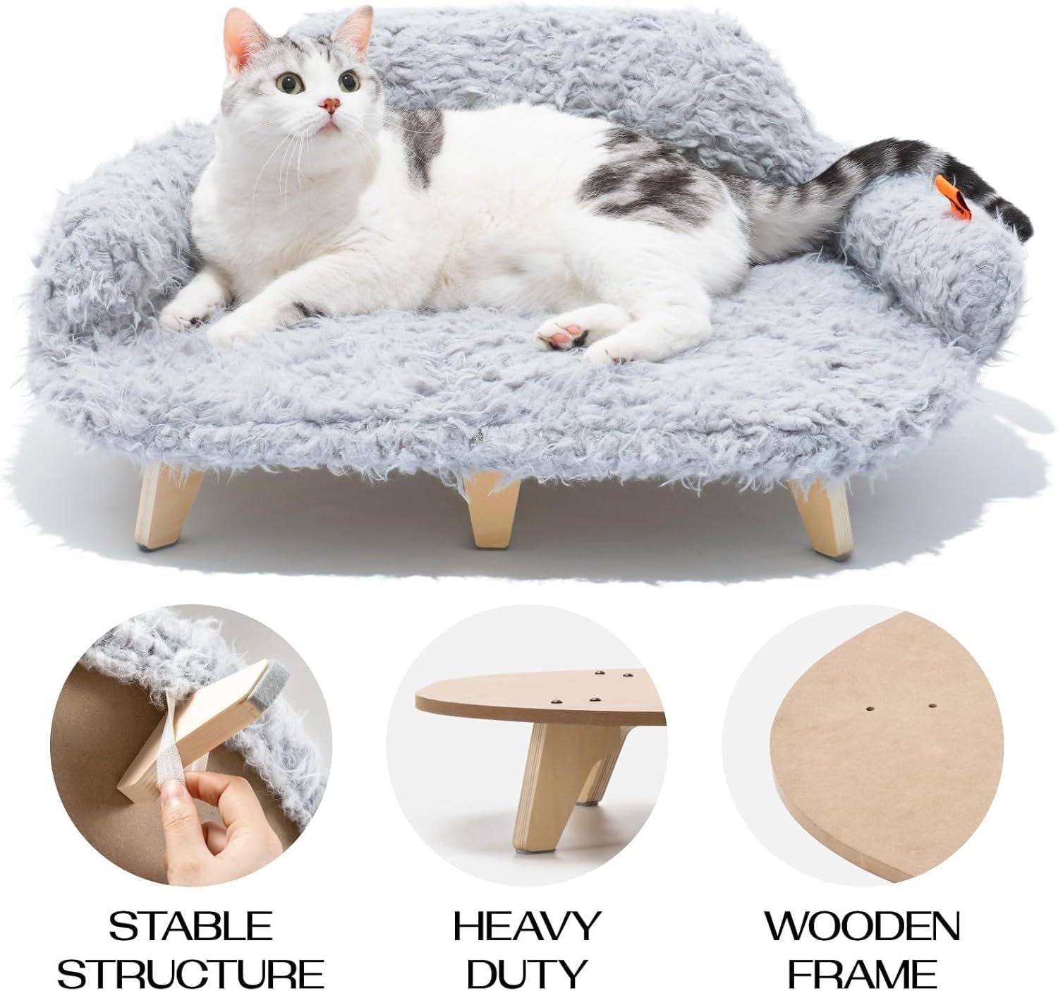 Mewoofun Elevated Cat Bed – 26"x18.3"x8.5" Wooden Pet Sofa with Washable Cover for Cats & Small Dogs, Grey