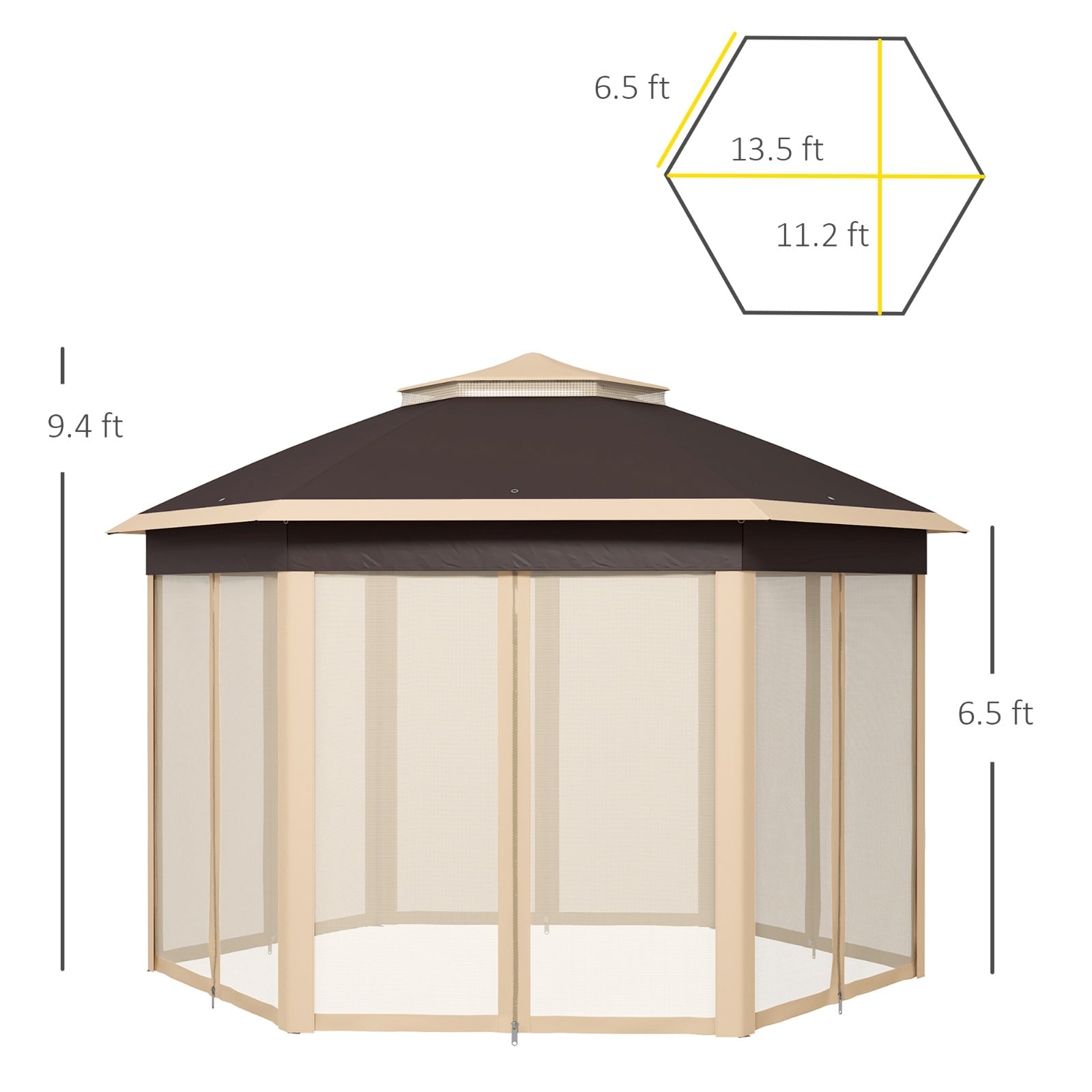13' × 13' Hexagonal Pop-Up Gazebo with 6 Zippered Mesh Sidewalls – Waterproof Two-Tier Canopy, Alloy Steel Frame, Includes Carry Bag