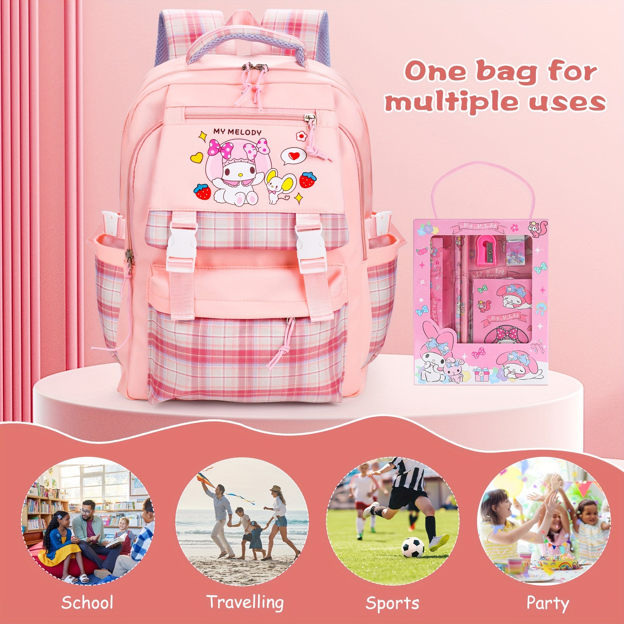 Sanrio Hello Kitty Large Capacity Backpack Set – Pink Cartoon Backpack with Stationery Bundle & Adjustable Straps