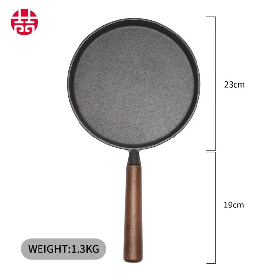 Wangyuanji 7.9‑Inch Cast‑Iron Pizza & Pancake Pan – Uncoated Skillet with Wooden Handle, Indoor & Outdoor Use