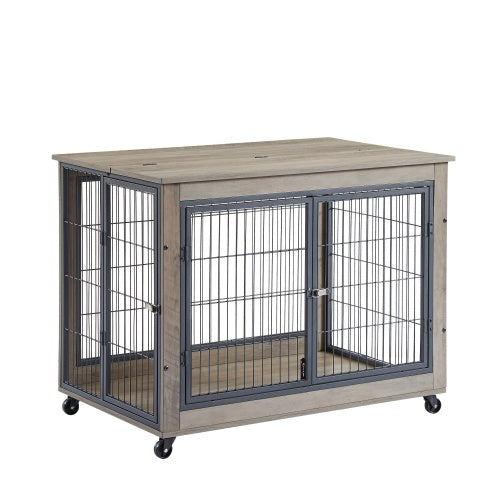 Furniture-Style Dog Cage – Grey Wooden Side Table with Wheels, Double Doors & Raised Top for Small & Medium Dogs