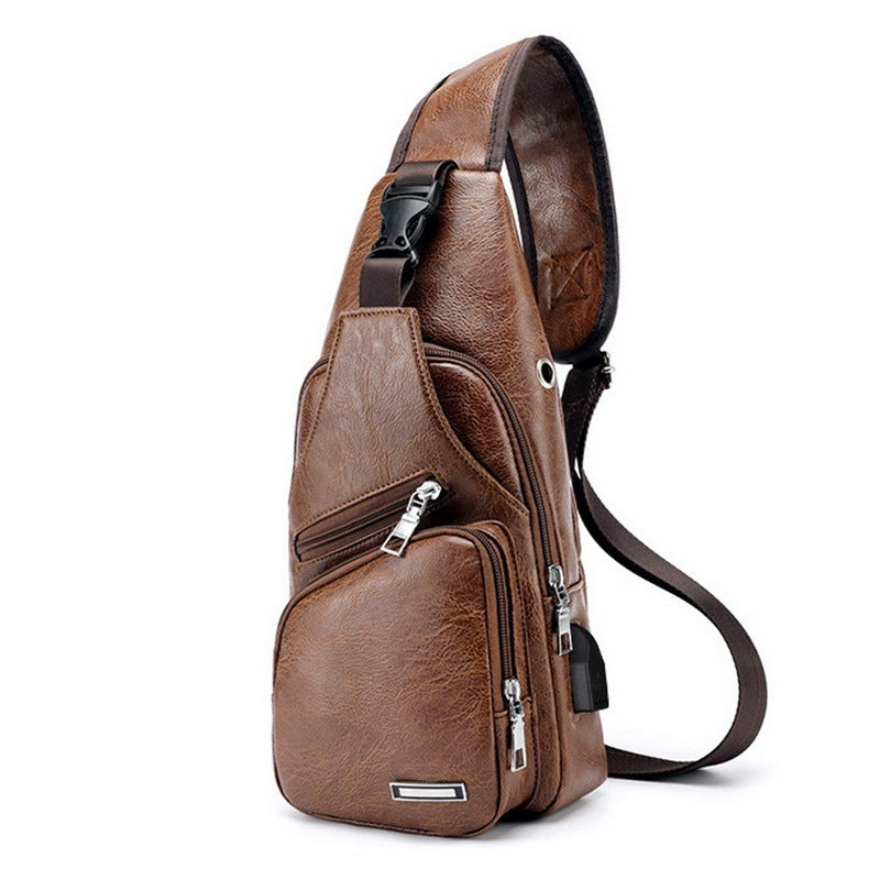 Men’s USB Charging Chest Bag – PU Leather Crossbody Travel Shoulder Messenger Bag