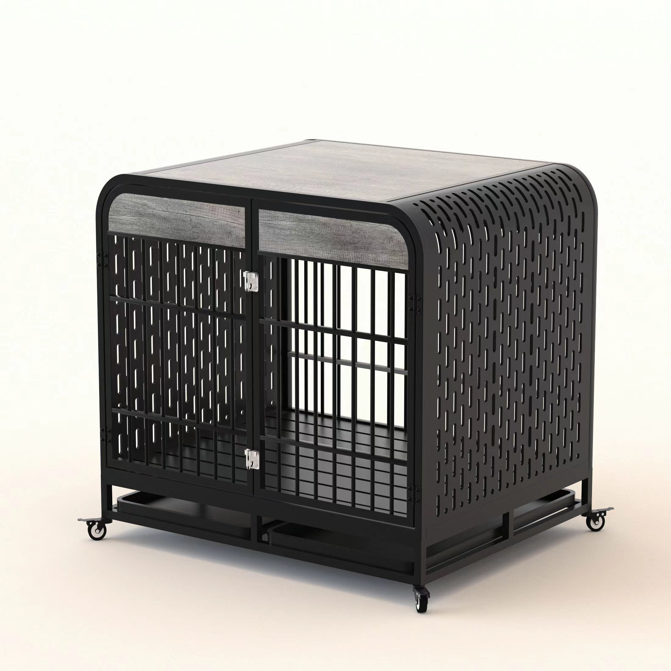 42" Heavy-Duty Dog Crate Furniture – Grey Wood-Top Kennel with Metal Frame