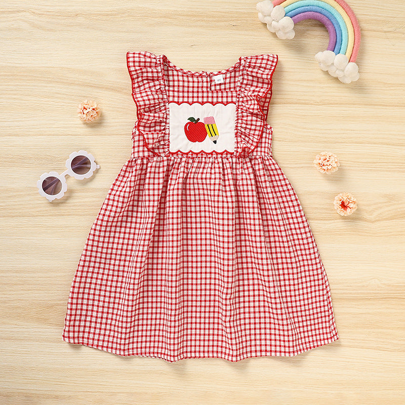 Toddler Girls Back-to-School Smocked Dress – Apple Embroidery with Flying Sleeves Casual Outfit