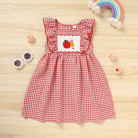 Toddler Girls Back-to-School Smocked Dress – Apple Embroidery with Flying Sleeves Casual Outfit