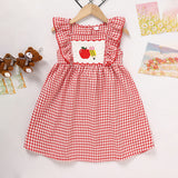 Toddler Girls Back-to-School Smocked Dress – Apple Embroidery with Flying Sleeves Casual Outfit