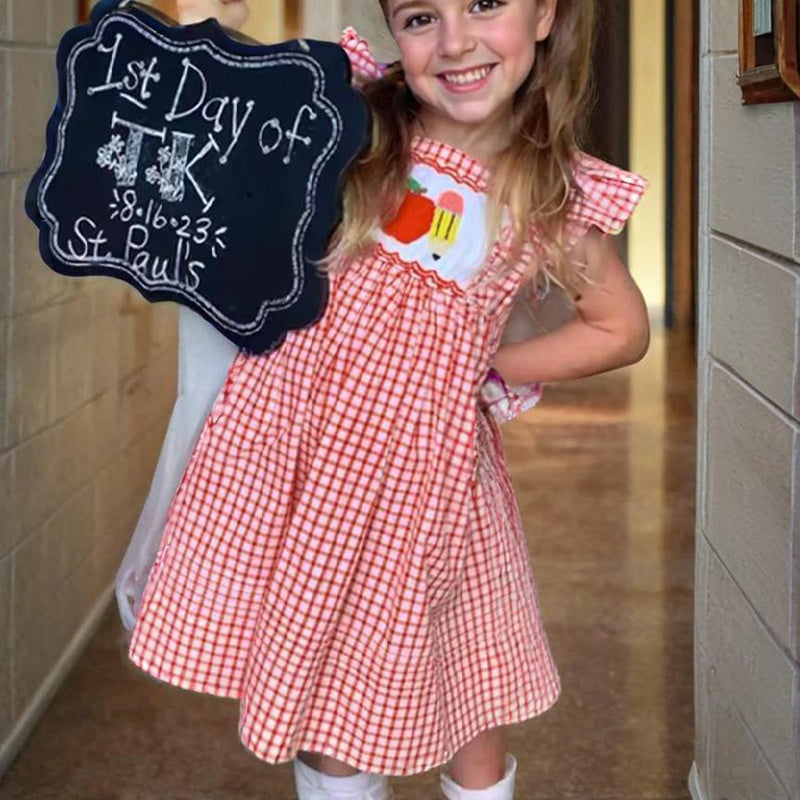 Toddler Girls Back-to-School Smocked Dress – Apple Embroidery with Flying Sleeves Casual Outfit