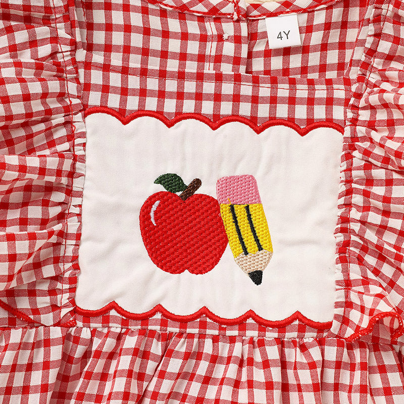 Toddler Girls Back-to-School Smocked Dress – Apple Embroidery with Flying Sleeves Casual Outfit