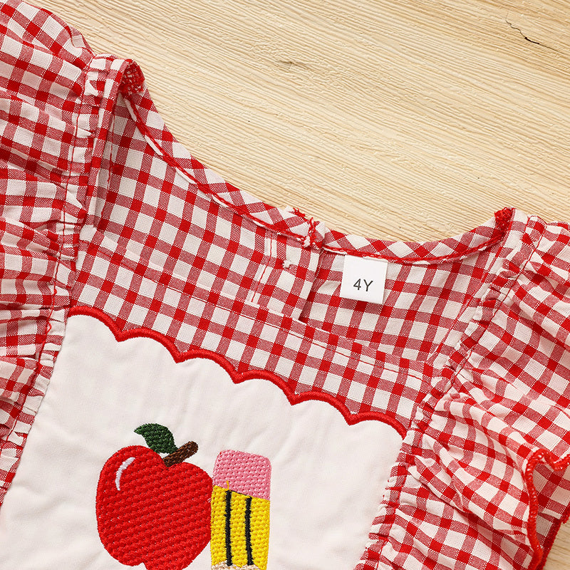 Toddler Girls Back-to-School Smocked Dress – Apple Embroidery with Flying Sleeves Casual Outfit