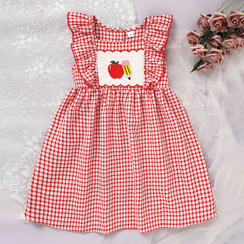Toddler Girls Back-to-School Smocked Dress – Apple Embroidery with Flying Sleeves Casual Outfit