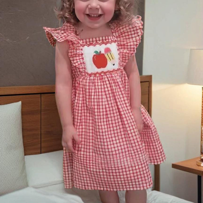 Toddler Girls Back-to-School Smocked Dress – Apple Embroidery with Flying Sleeves Casual Outfit