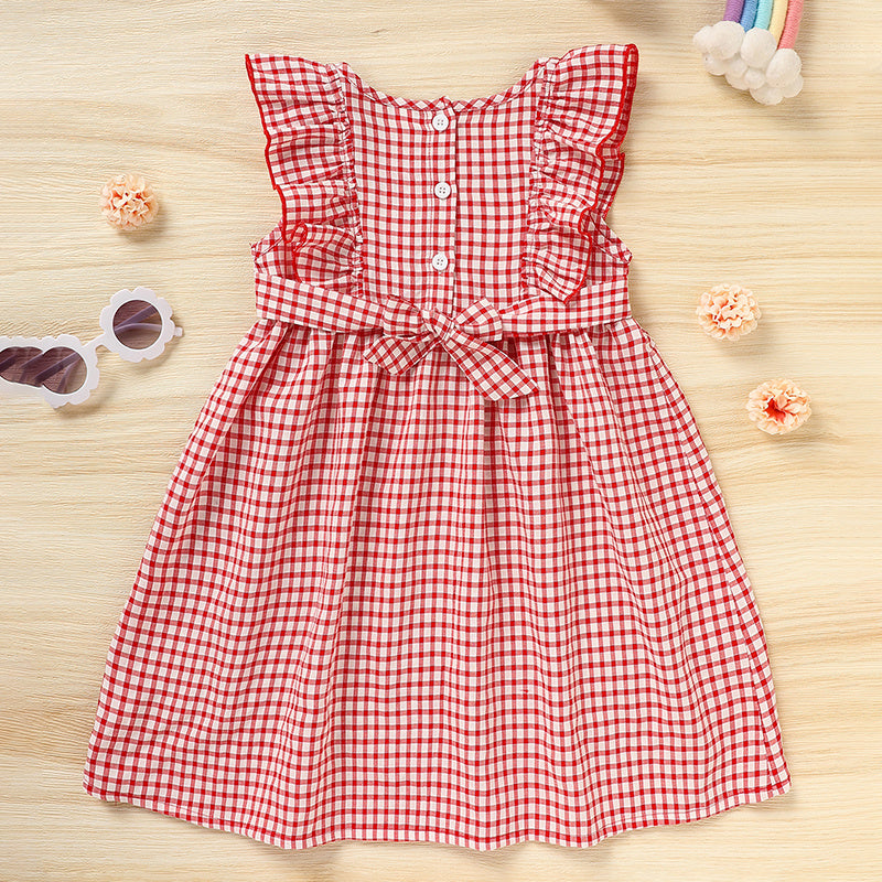 Toddler Girls Back-to-School Smocked Dress – Apple Embroidery with Flying Sleeves Casual Outfit