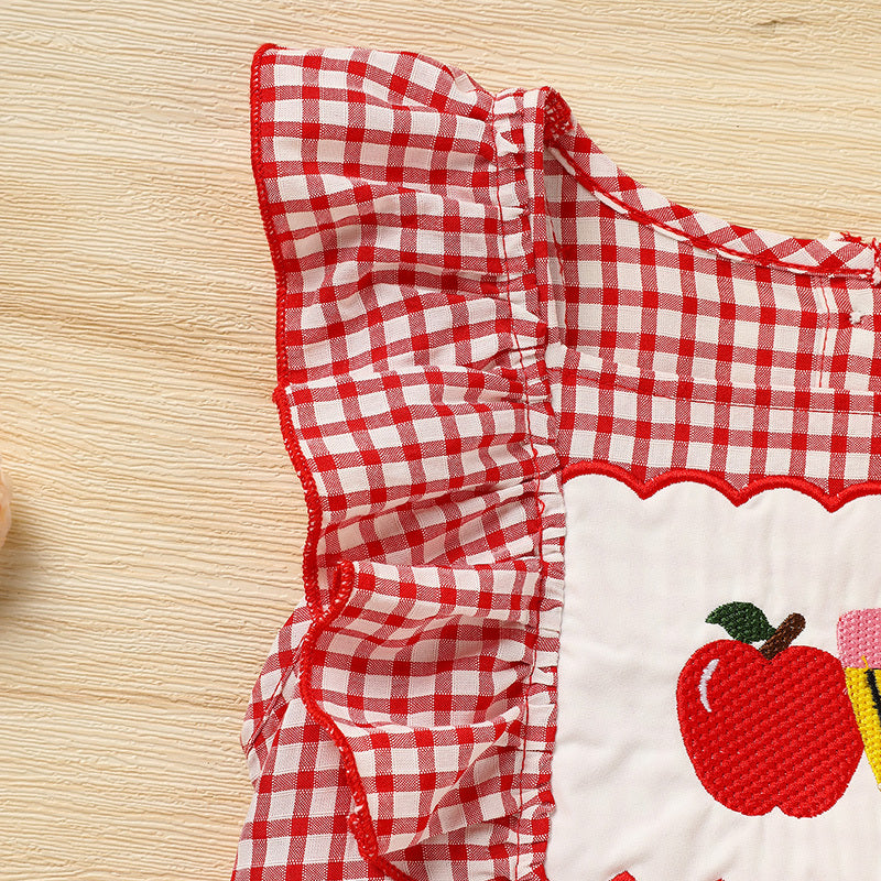 Toddler Girls Back-to-School Smocked Dress – Apple Embroidery with Flying Sleeves Casual Outfit