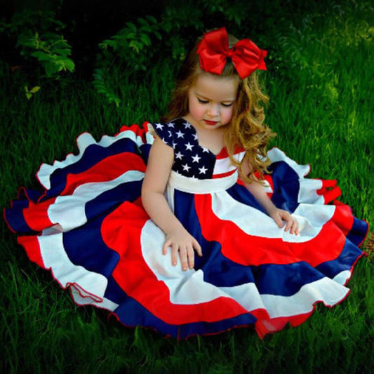 Toddler Girls Independence Day Dress – Red, White & Blue Stripes & Stars Twirl Dress (4th of July Outfit)