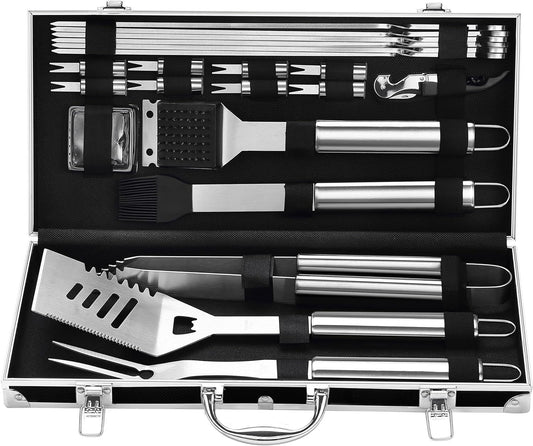 22-Piece Stainless Steel BBQ Tool Set – Complete Grilling Kit in Sleek Black Aluminum Case