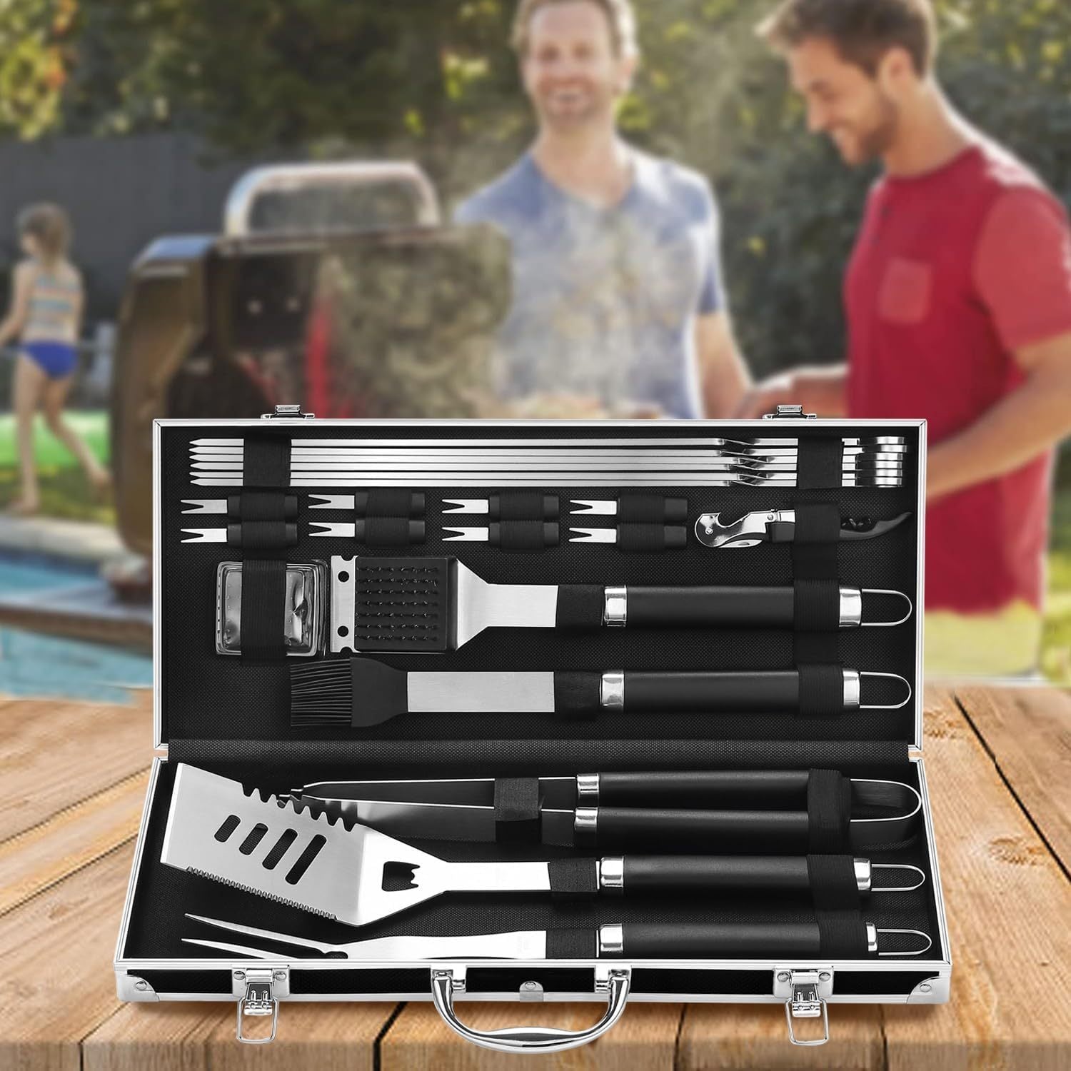 22-Piece Stainless Steel BBQ Tool Set – Complete Grilling Kit in Sleek Black Aluminum Case
