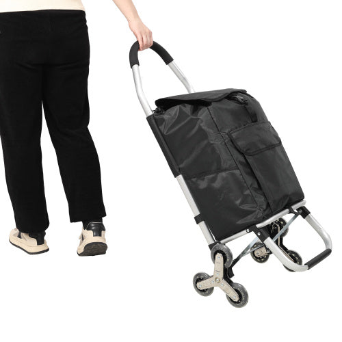 Foldable Shopping Stair Trolley – Black Waterproof Oxford Bag with Stainless Steel Frame & Triangular Climbing Wheels