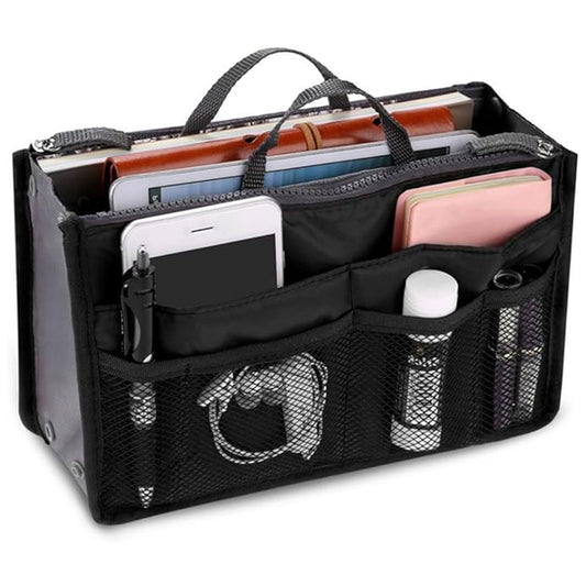 Handbag Organizer Insert for Women – 13 Pockets, Zipper Closure, Portable Purse Organizer with Handle