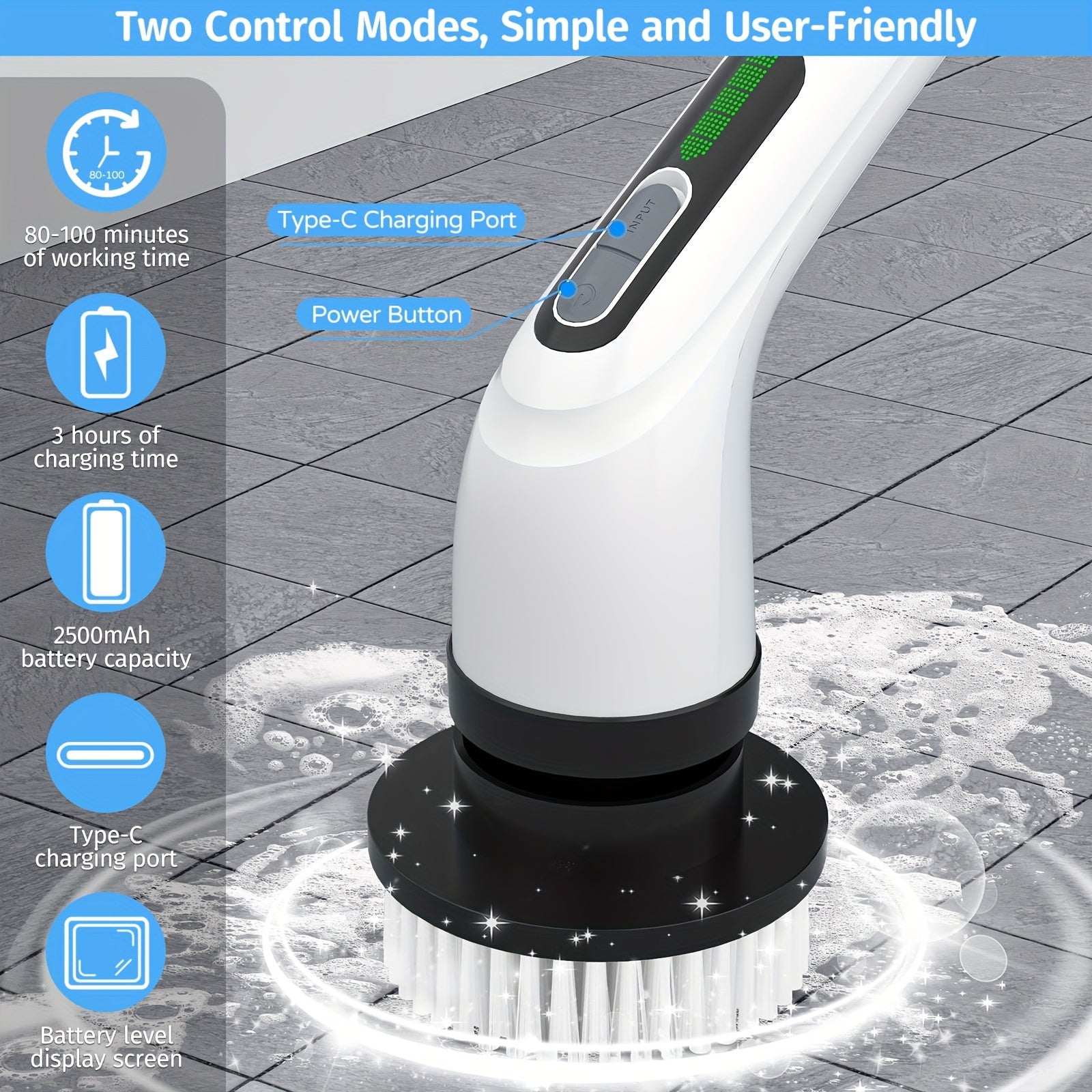 24 V Electric Spin Scrubber with Adjustable Handle & 8 Brush Heads – Adjustable Extension Handle, 2 Speed Settings for Bathroom, Kitchen, Car, Walls
