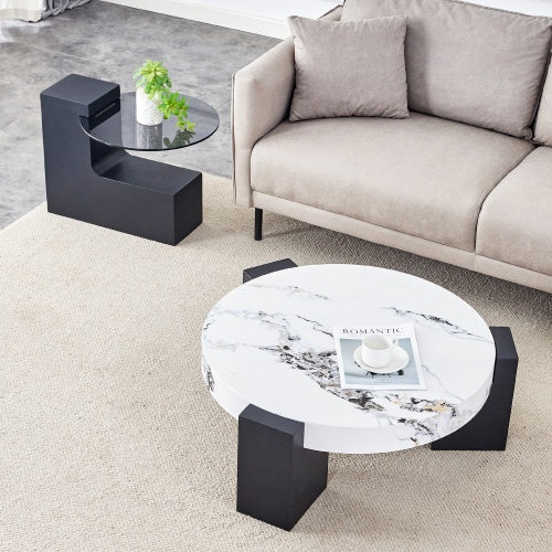 Modern Double-Layer Round Coffee Table ☕ Transparent Gray Glass Top with Black MDF Legs – Space-Saving Design