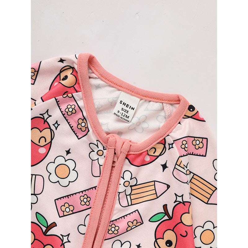 Adorable Infant Back-to-School Romper 🍎✏️ Apple & Pencil Print Long Sleeve Jumpsuit 👶