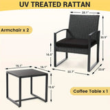Rattan 3pcs Bistro Set, Outdoor Patio Furniture Conversation Set With 2 Chairs And 1 Safety Glass Top Table, Overstuffed Cushions, Wicker Porch Set, Ideal For Backyard - PulinGO
