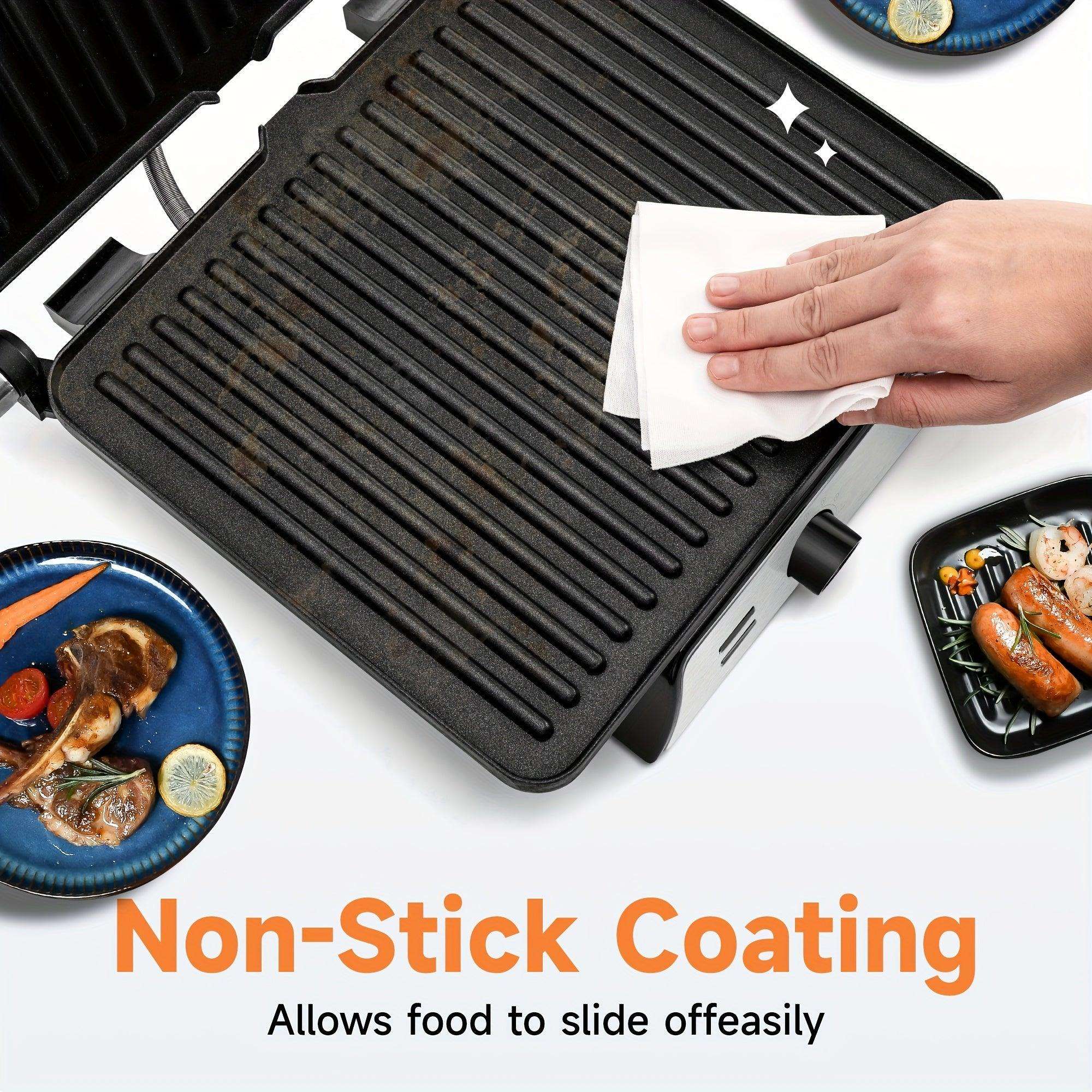3-in-1 Electric Indoor Grill & Panini Press - 1400W Dual-Sided Non-Stick Grill with 180° Floating Hinge, Adjustable Temp (365°F-410°F), 60-Min Timer, Overheat/Quick Cook Modes & Grease Tray - Compact Black Kitchen Applianc - PulinGO