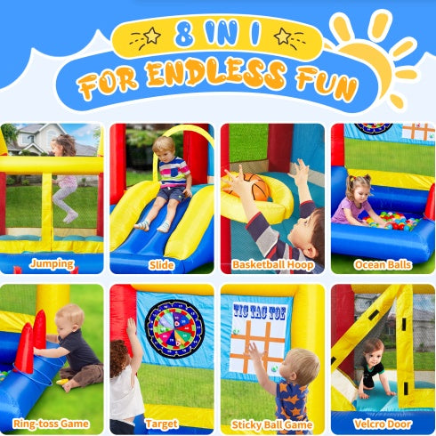 8‑in‑1 Inflatable Bounce House – Kids Play Center with Blower, Basketball Hoop, Ocean Balls, Ring Toss & Sticky Ball Game