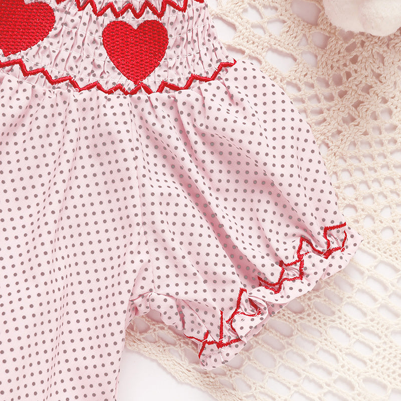Newborn Baby Girls Valentine’s Day Smocked Romper – Short Sleeve Heart Embroidery Jumpsuit ❤️👶