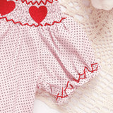 Newborn Baby Girls Valentine’s Day Smocked Romper – Short Sleeve Heart Embroidery Jumpsuit ❤️👶