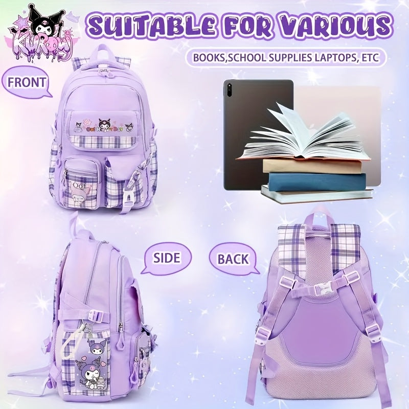 Sanrio Kuromi Purple Backpack Set – Includes 6 Badges, Card Set & Stationery for Teen Students