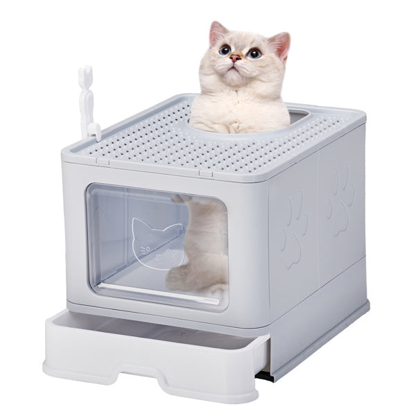 51 × 40 × 38 cm PP Plastic Litter Box – Spliced Bottom Pull-Out Square Grey with Scoop