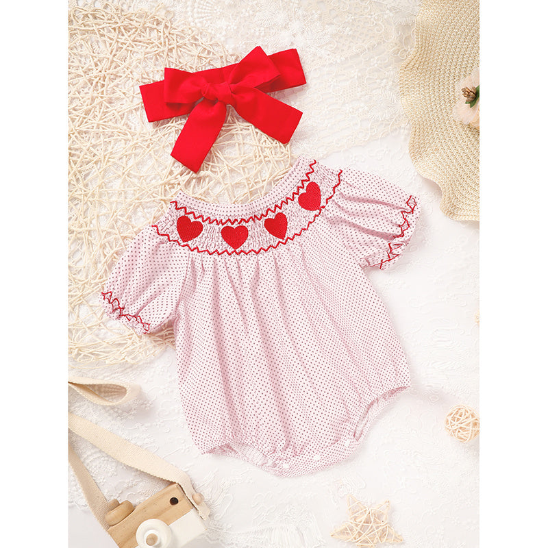 Newborn Baby Girls Valentine’s Day Smocked Romper – Short Sleeve Heart Embroidery Jumpsuit ❤️👶