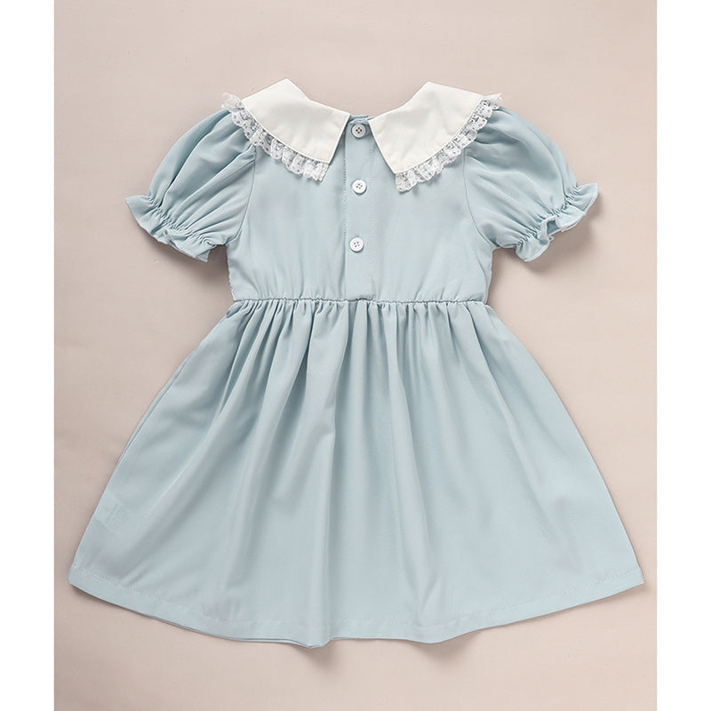 Toddler Girls Smocked Dress – Cute Puff Short Sleeve Princess Outfit with Lace Crew Neck, Elegant Party Dress for Birthdays & Special Occasions