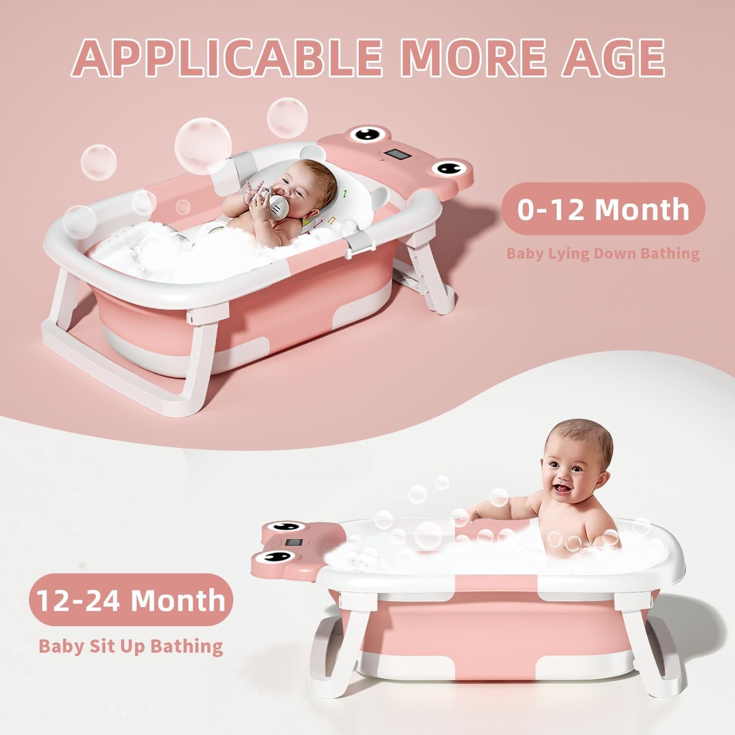 Collapsible Baby Bathtub with Soft Floating Cushion & Thermometer – Foldable, Portable Baby Bath Tub (Gray)