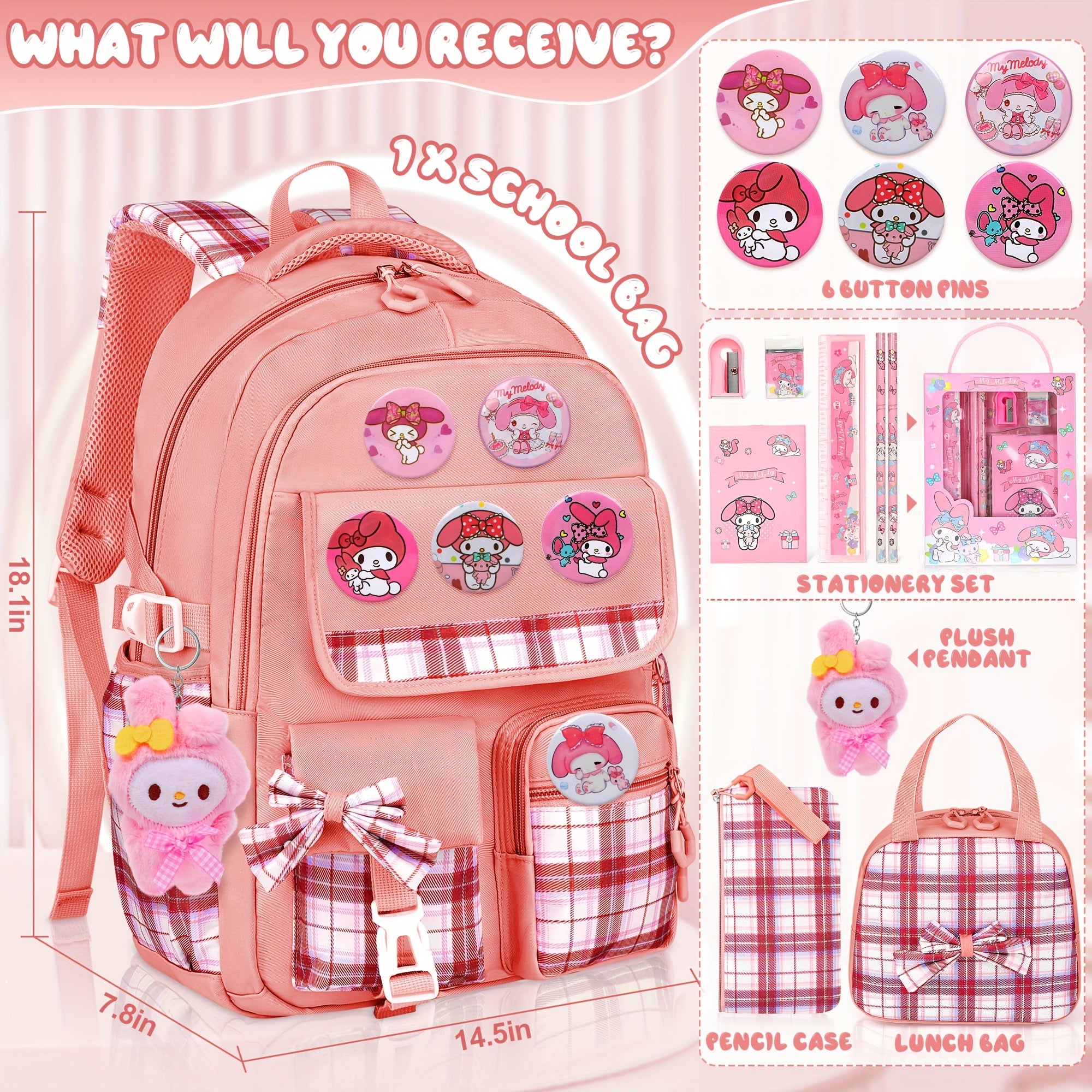 SANRIO Authorized “My Melody” All-in-One Backpack Set – Student Shoulder Bag + Laptop Bag + Lunch Bag + Pen Pouch 🎒