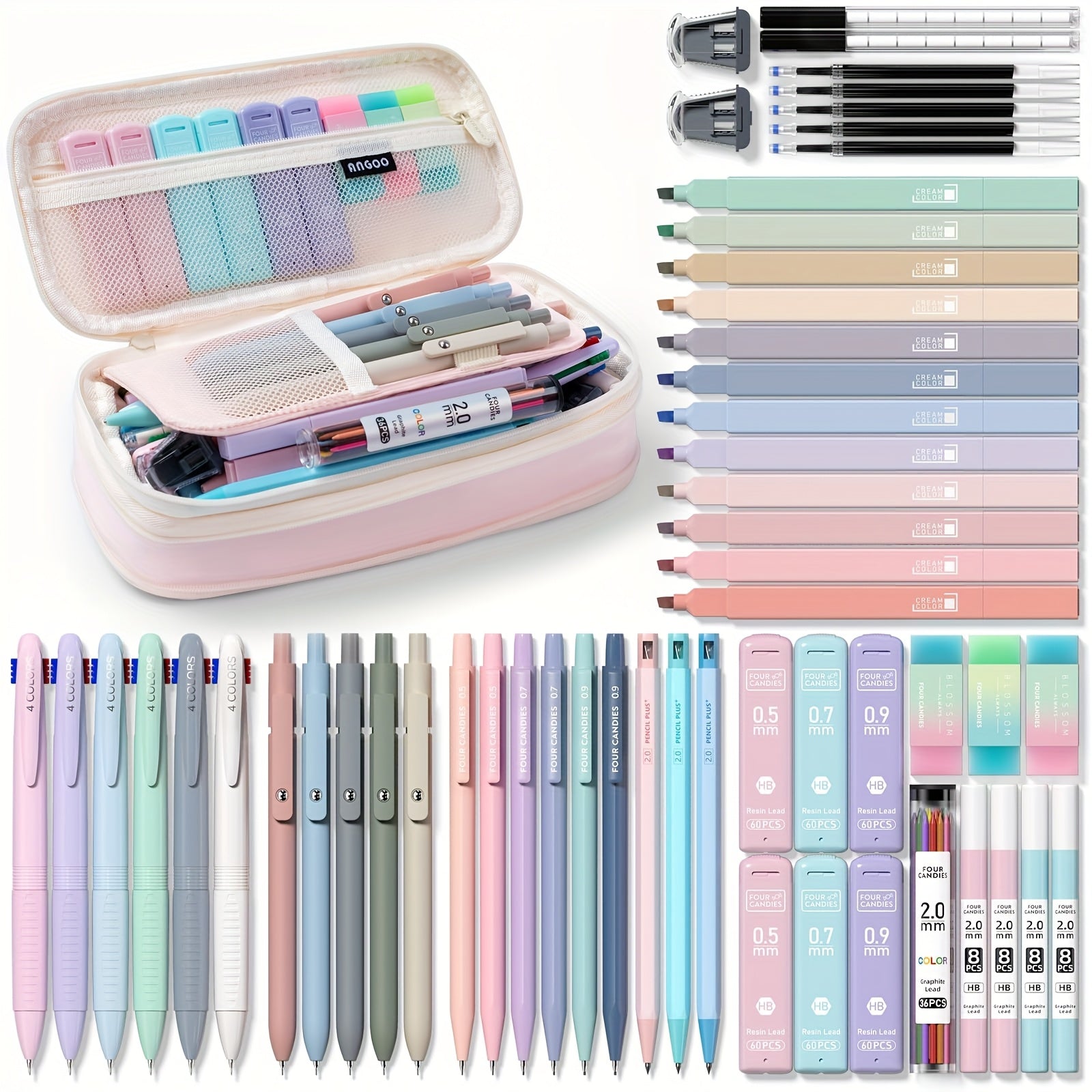 56 PCS Aesthetic School Supplies Set with Large Pencil Case – 6 Ballpoint Pens, 12 Pastel Pencils, 5 Gel Pens & 9 Automatic Pencils 🎒