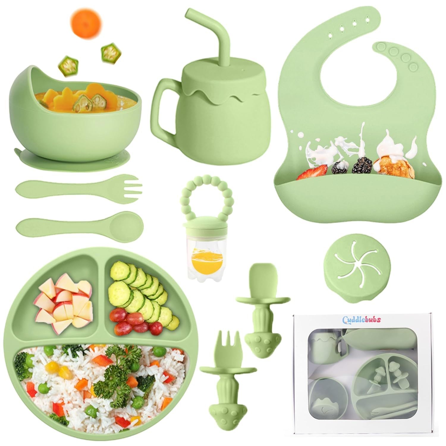 Silicone Baby Feeding Set with Suction – 10 PCS Baby Weaning Supplies (Green)