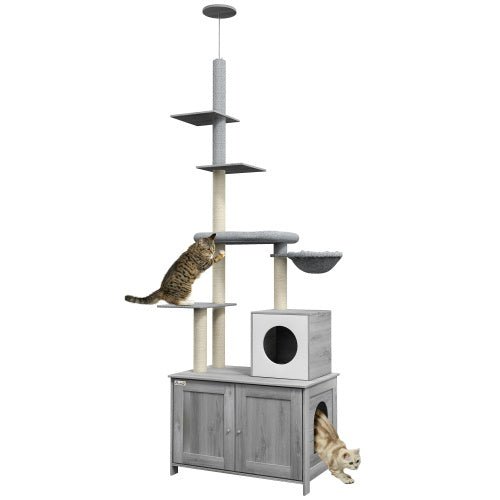 PawHut 2-in-1 Cat Tree with Litter Box Enclosure – Floor-to-Ceiling Cat Tower with Condo, Hammock, Scratching Posts & Platforms (Gray)