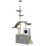 PawHut 2-in-1 Cat Tree with Litter Box Enclosure – Floor-to-Ceiling Cat Tower with Condo, Hammock, Scratching Posts & Platforms (Gray)