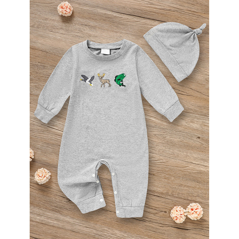 2Pcs Newborn Baby Boy Outfit – Long Sleeve Animal Print Romper with Matching Hat (Fall/Winter Set)