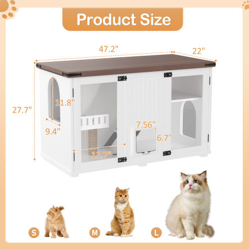 47.25″ Large Cat Litter Box Enclosure with LED Light – Hidden Cat House with Stairs, Scratching Post & Smart Doors (White)