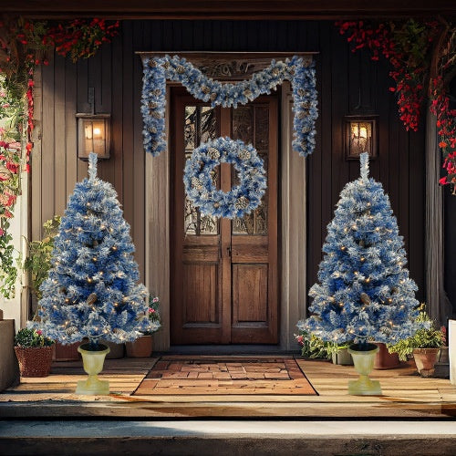 Pre-Lit Christmas 4-Piece Artificial Tree Set – Entrance Trees, Garland & Wreath with LED Lights
