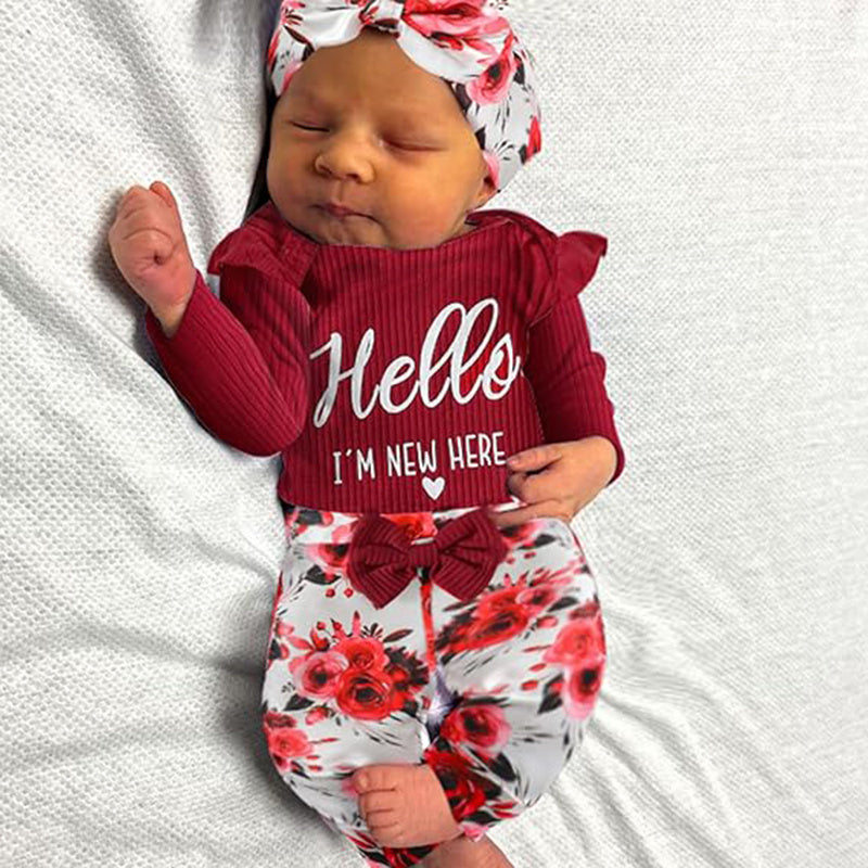 Newborn Baby Girl Outfit – “Hello I’m New Here” Romper Set with Floral Pants, Hat & Headband | Coming Home Clothes