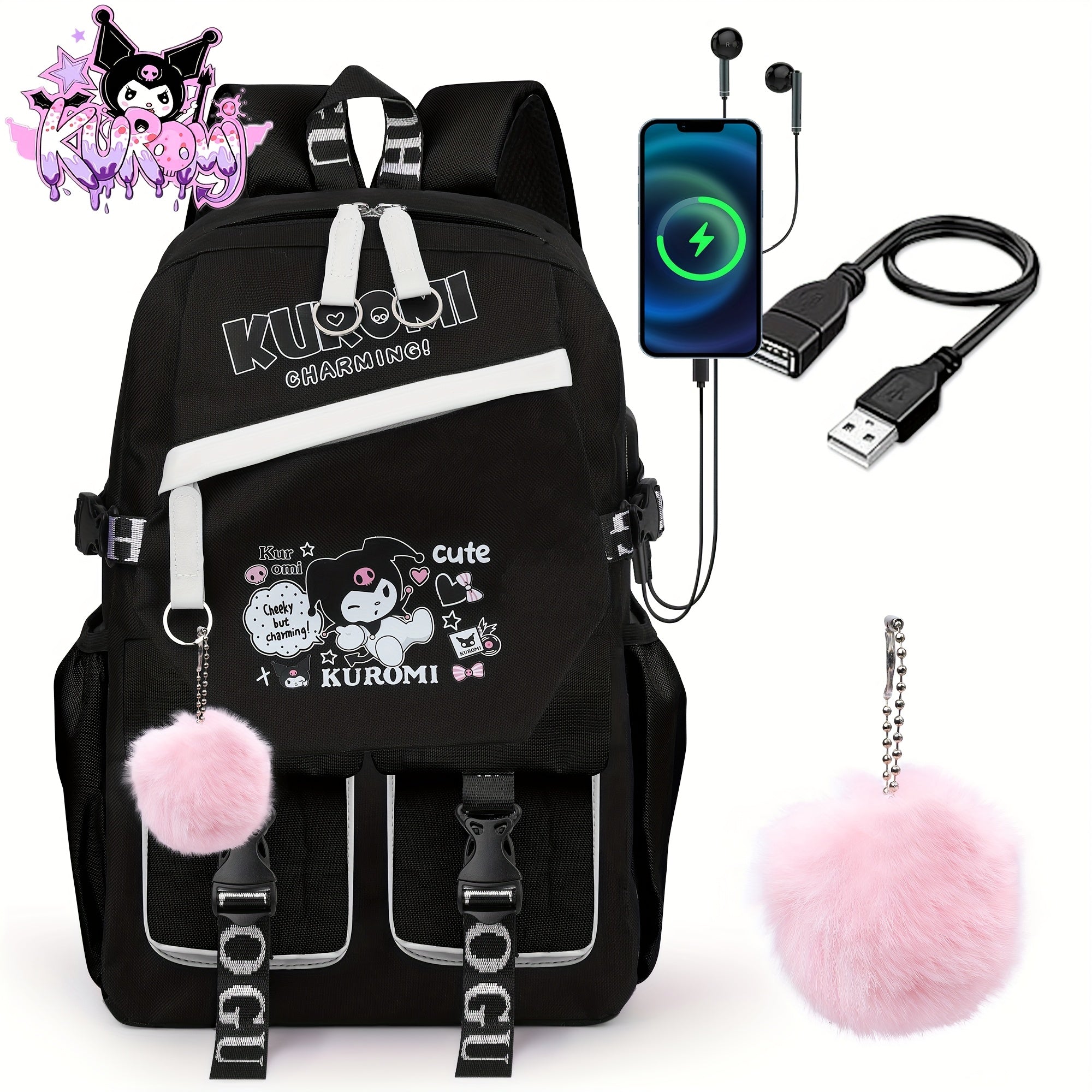 SANRIO Kuromi Anime Backpack with Pendant Charm – High-Quality Nylon Laptop Bag (Fits 15″) for School, Travel & Hiking 🎒