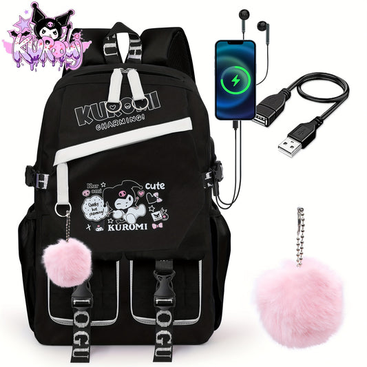 SANRIO Kuromi Anime Backpack with Pendant Charm – High-Quality Nylon Laptop Bag (Fits 15″) for School, Travel & Hiking 🎒
