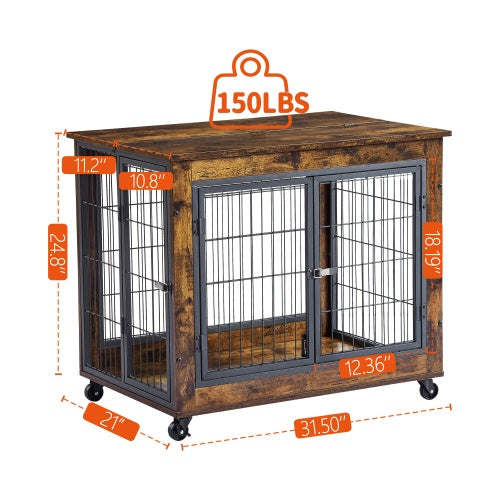 Furniture-Style Dog Crate Side Table – Rustic Brown Wooden Kennel with Double Doors, Lift-Top & Wheels