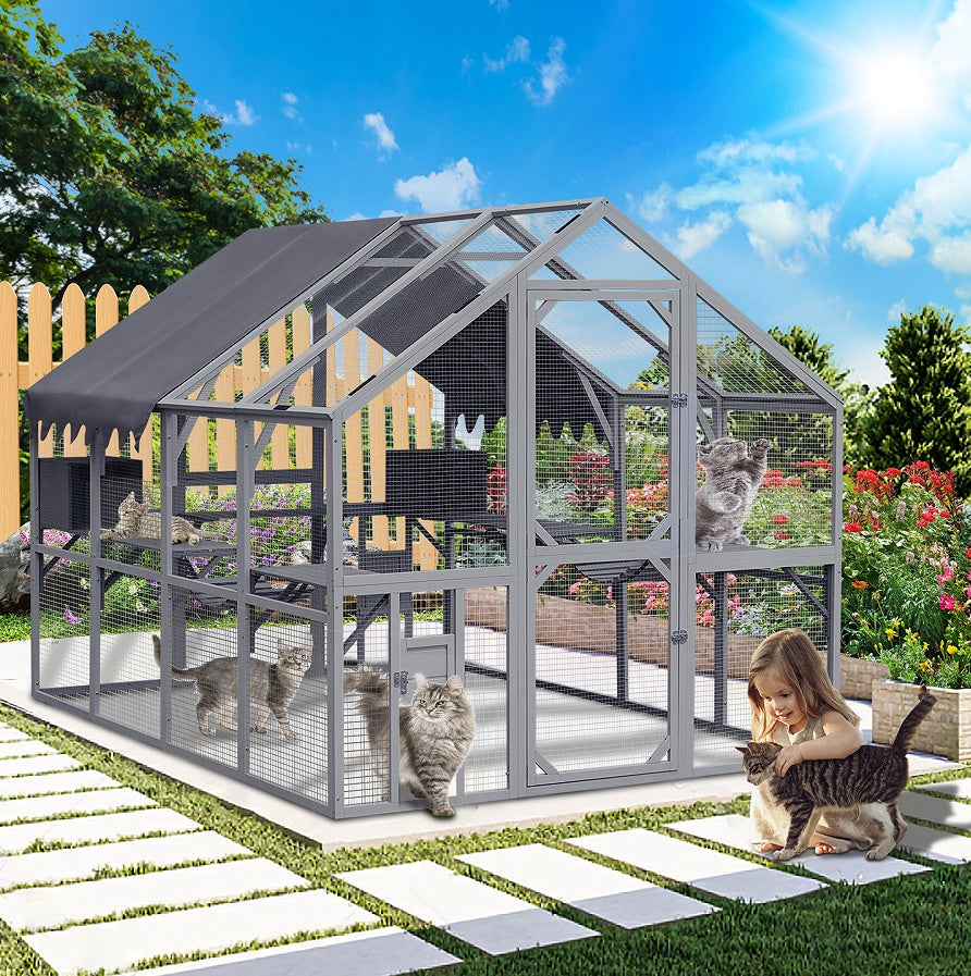 Outdoor Cat House Enclosure – Large Cat Fence with Upgraded Waterproof Cover (Grey)
