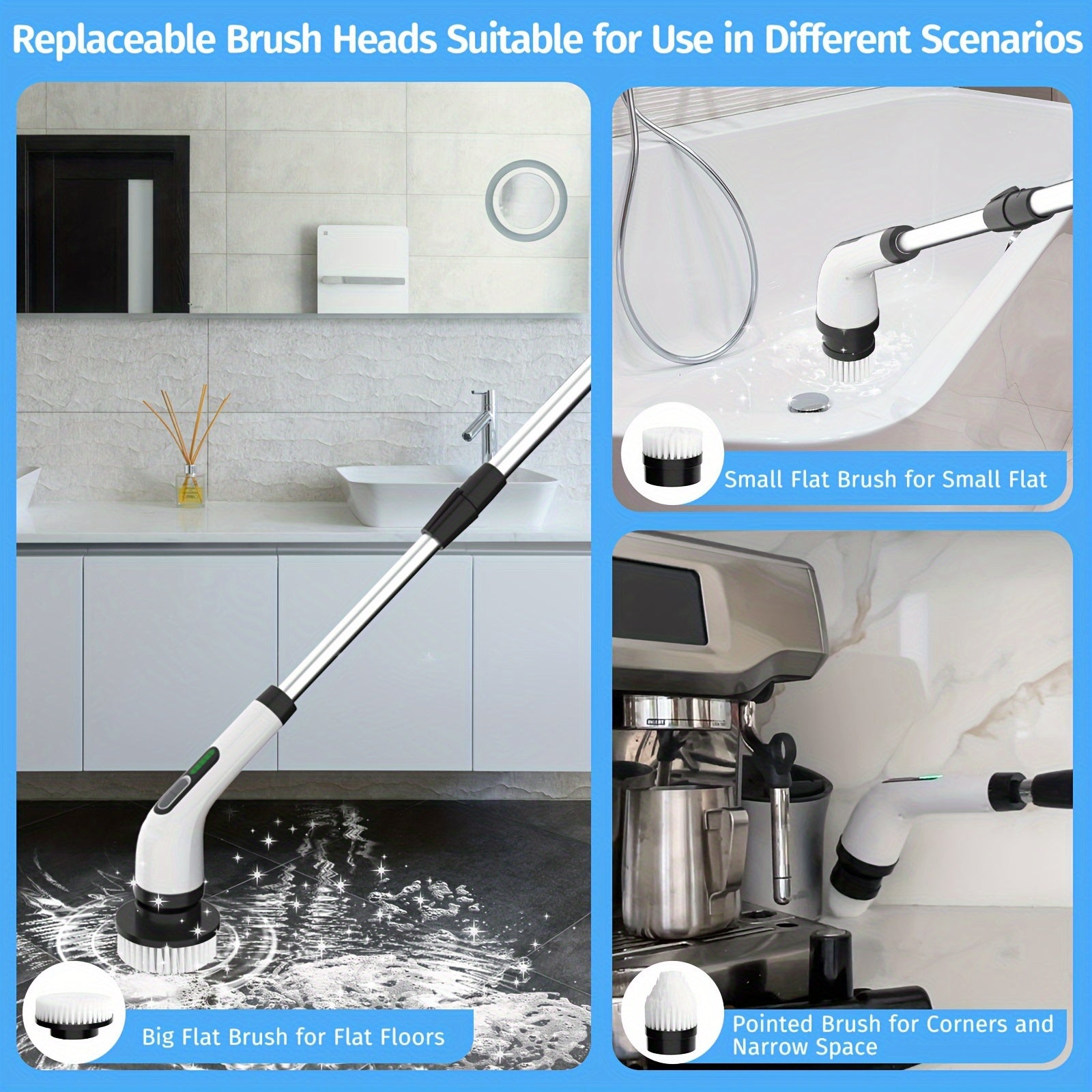 24 V Electric Spin Scrubber with Adjustable Handle & 8 Brush Heads – Adjustable Extension Handle, 2 Speed Settings for Bathroom, Kitchen, Car, Walls