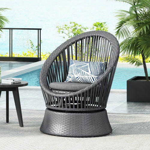 26.7" Modern Gray Wicker Lounge Chair – Round Rattan & Iron Frame, Stylish Relaxation for Living Room & Patio 🪑✨